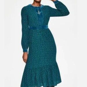 Boden Womens Annabelle Midi Dress -Blue Floral Velvet Trip Prairie Peasant - US